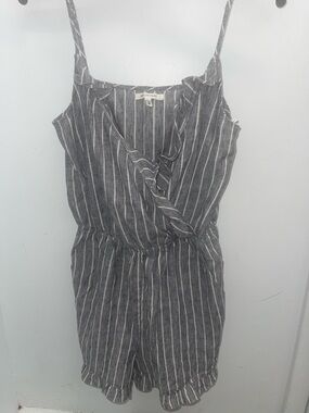 Avec Les Filles Linen Gray and White Striped Romper